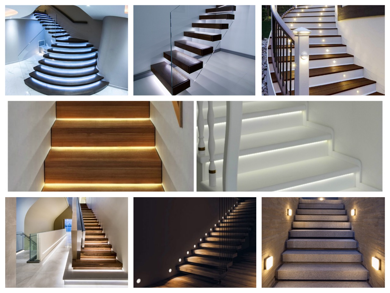 8 фото идей реализации подсветки ступеней лестницы разными лампами, разноцветными светодиодами.