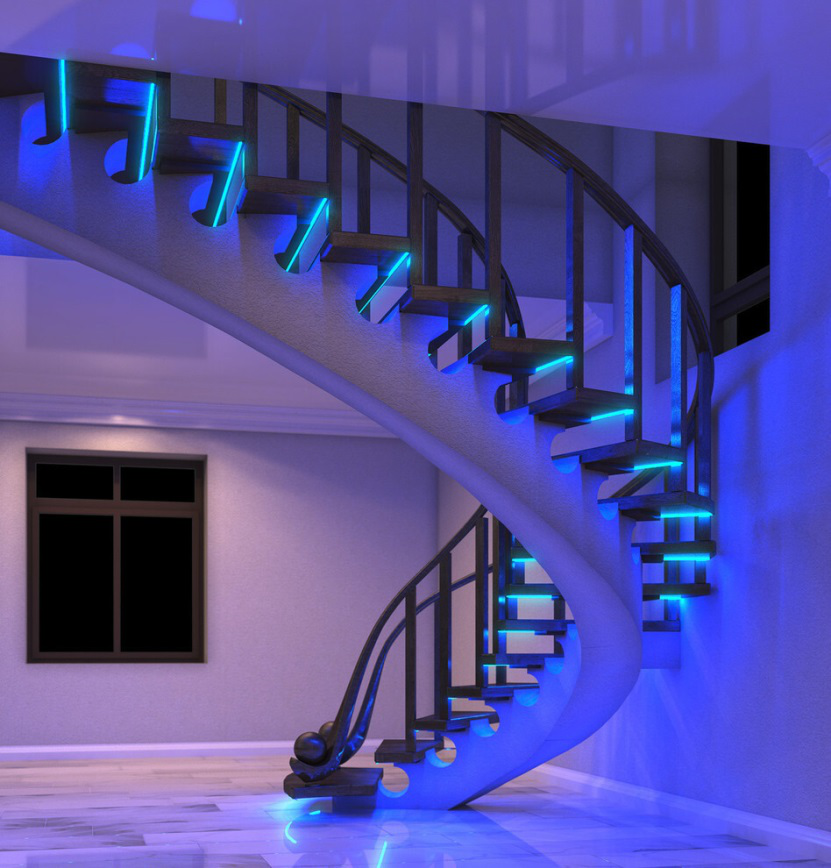 Фото пример рассеянного освещения ступеней лестницы на железобетонном косоуре-основе, под установку любых других ступеней, а в данном случае — деревянных, с перилами.